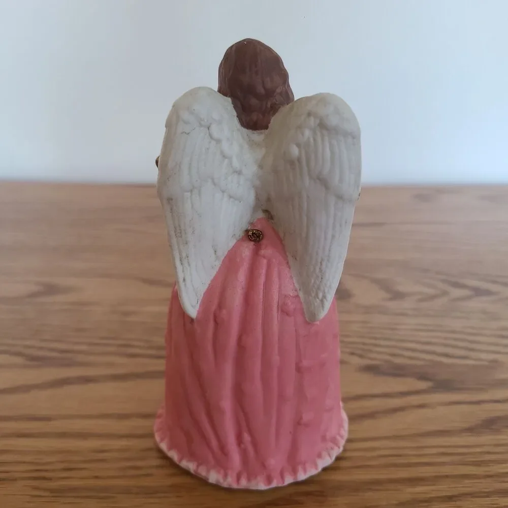 Vintage Hand Painted Bell Bisque Musical Angel Figurine With Pink Gown And Harp